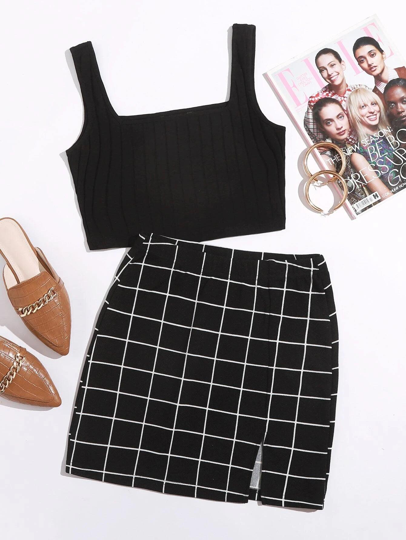 SHEIN Essnce Ensemble top côtelé et jupe à carreaux
