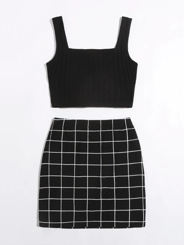 SHEIN Essnce Ensemble top côtelé et jupe à carreaux