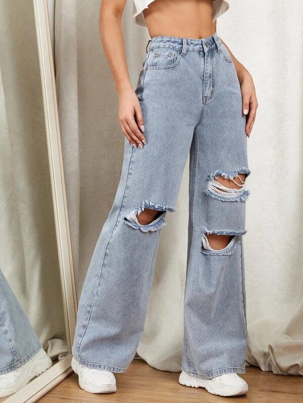 SHEIN EZwear Jean ample déchiré avec zip - GlamShopTN