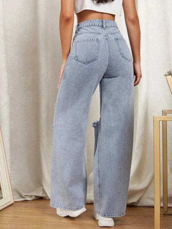 SHEIN EZwear Jean ample déchiré avec zip - GlamShopTN