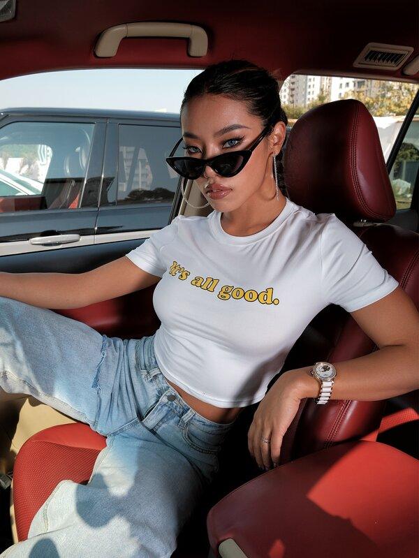 SHEIN EZwear T-shirt court avec motif slogan - GlamShopTN