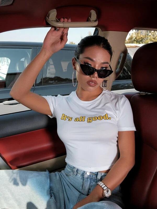 SHEIN EZwear T-shirt court avec motif slogan - GlamShopTN