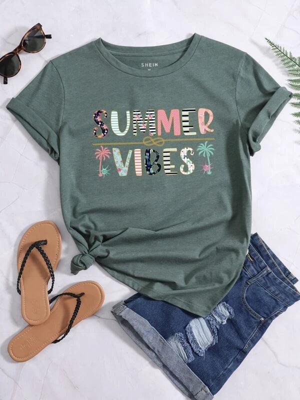 SHEIN LUNE T-shirt lettre et à imprimé tropical - GlamShopTN
