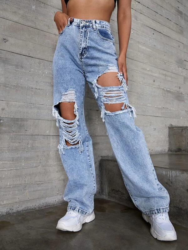 SHEIN ICON Jean déchiré taille haute - GlamShopTN