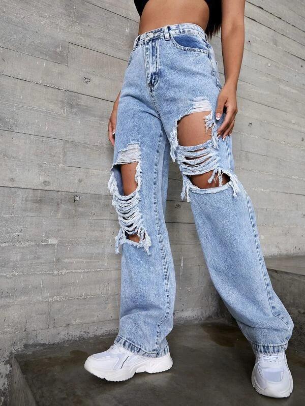 SHEIN ICON Jean déchiré taille haute - GlamShopTN