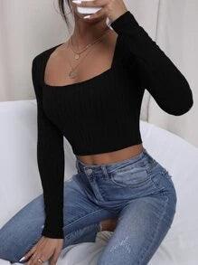 SHEIN Privé T-shirt court à col carré côtelé - GlamShopTN