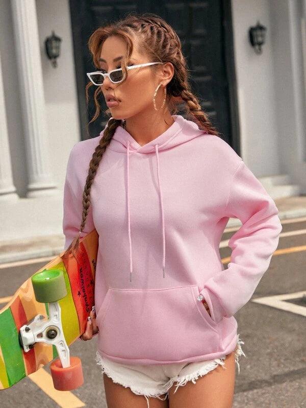 SHEIN EZwear Sweat-shirt à capuche thermique unicolore à poche kangourou à cordon