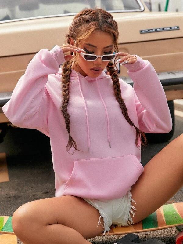 SHEIN EZwear Sweat-shirt à capuche thermique unicolore à poche kangourou à cordon