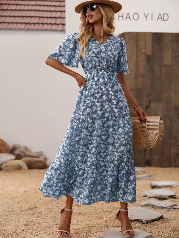 SHEIN VCAY Robe à imprimé floral manches papillon à volants - GlamShopTN