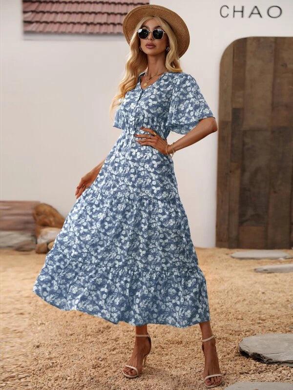 SHEIN VCAY Robe à imprimé floral manches papillon à volants - GlamShopTN