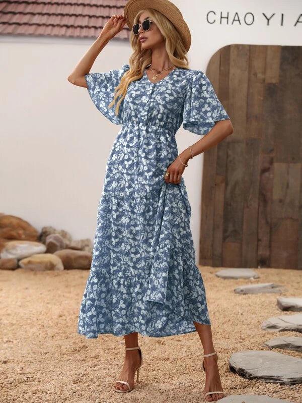 SHEIN VCAY Robe à imprimé floral manches papillon à volants - GlamShopTN