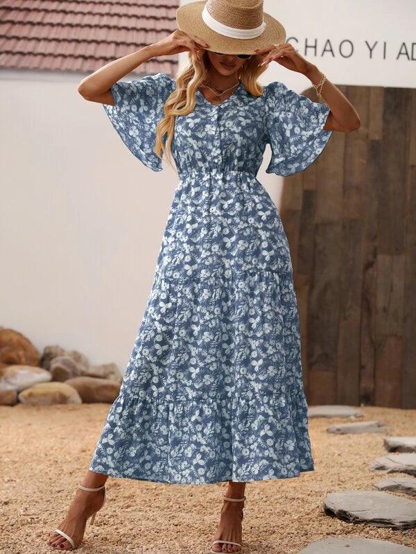 SHEIN VCAY Robe à imprimé floral manches papillon à volants - GlamShopTN