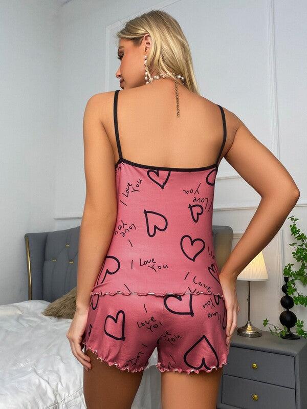 Shein Ensemble de pyjama à imprimé cœur et slogan à liseré contrastant à ourlet ondulé