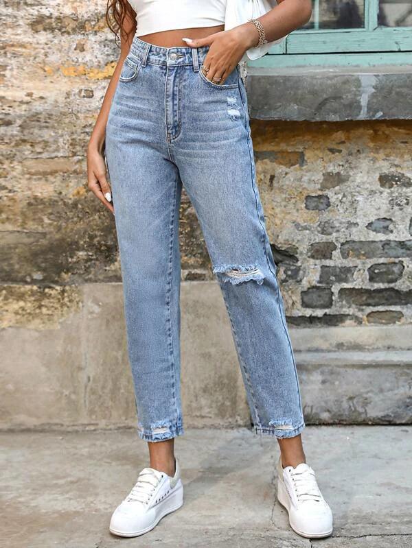 SHEIN Frenchy Jean mom déchiré à ourlet effiloché