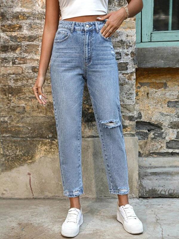 SHEIN Frenchy Jean mom déchiré à ourlet effiloché