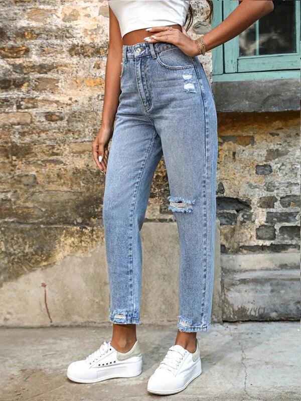 SHEIN Frenchy Jean mom déchiré à ourlet effiloché
