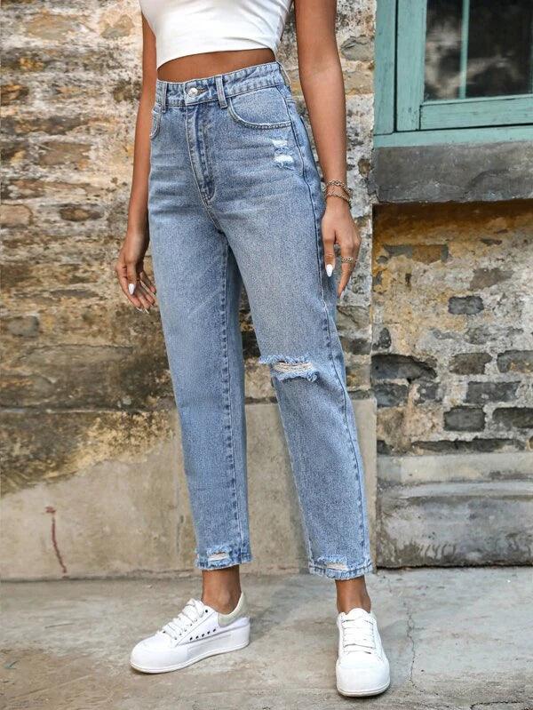 SHEIN Frenchy Jean mom déchiré à ourlet effiloché