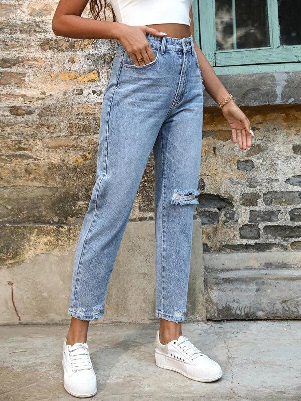 SHEIN Frenchy Jean mom déchiré à ourlet effiloché