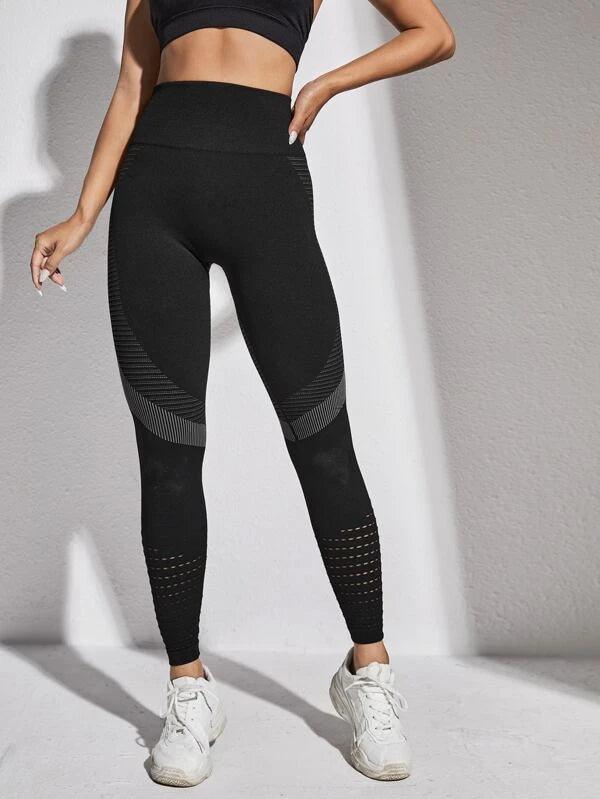 Shein Yoga Future Legging sans couture à rayures élasticité élevé contrôle du ventre actif avec ajouré - GlamShopTN