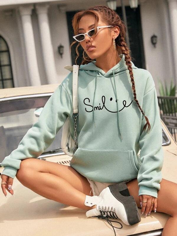 SHEIN EZwear Sweat-shirt à capuche thermique à lettres à poche kangourou à cordon - GlamShopTN