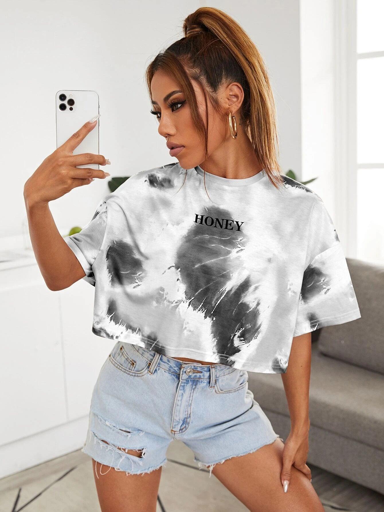 SHEIN EZwear Top miel graphique tie dye - GlamShopTN