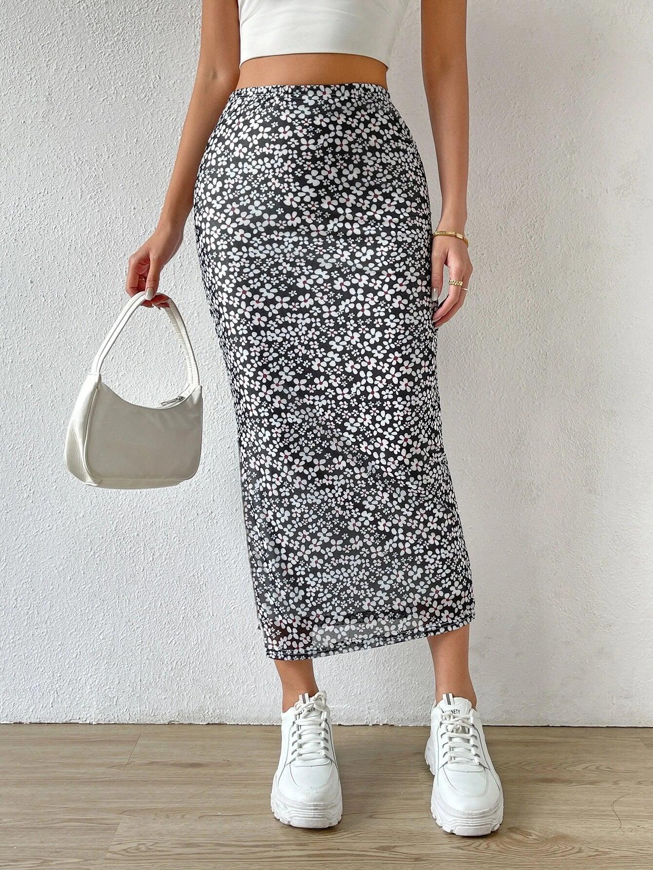 SHEIN Qutie Jupe fleuri en tulle fendu