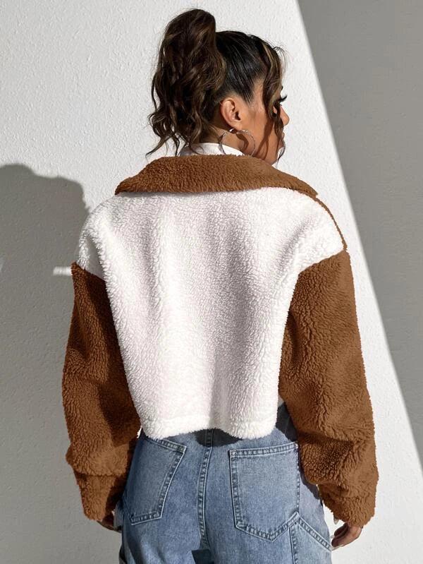 Shein Veste duveteuse bicolore court - GlamShopTN