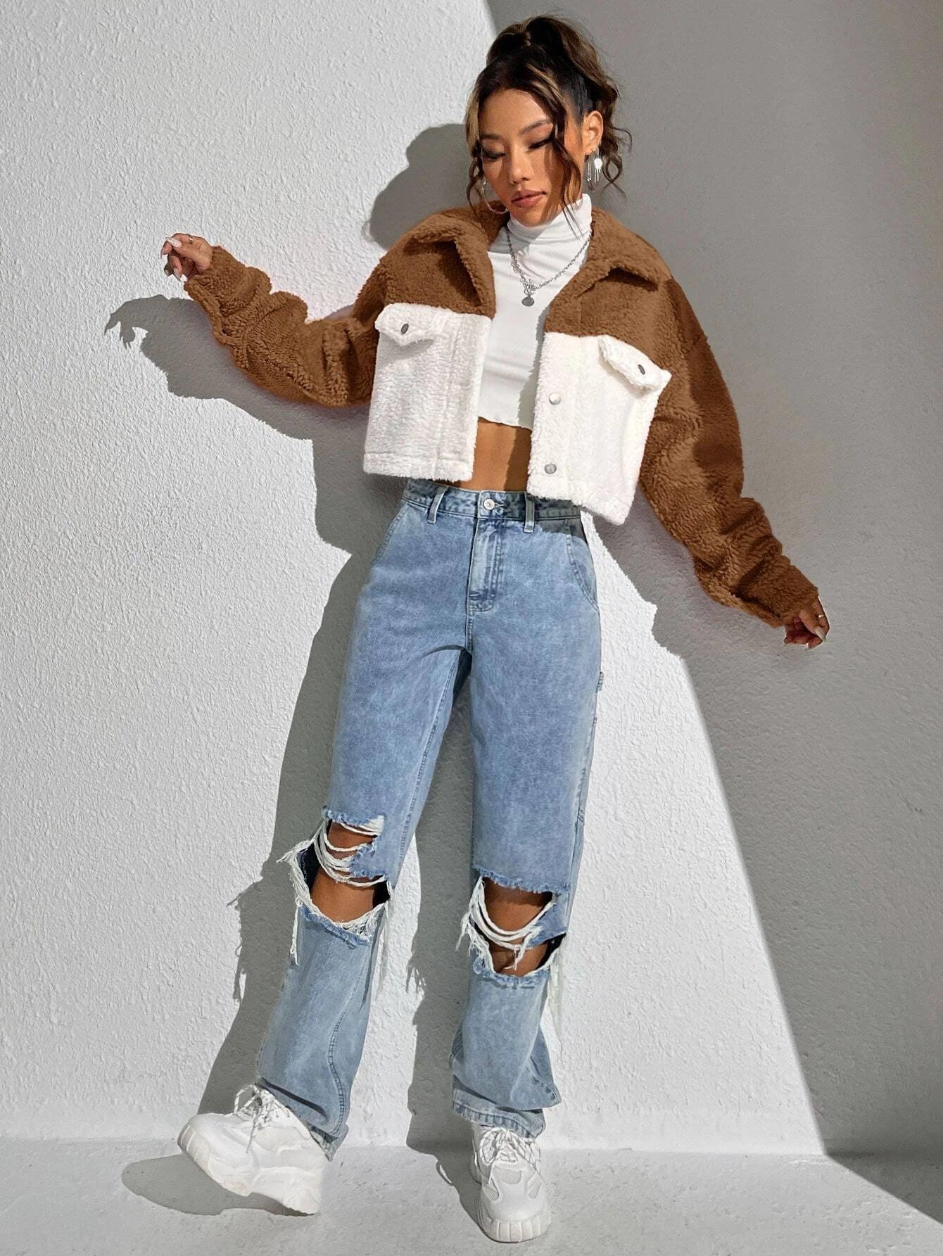 Shein Veste duveteuse bicolore court - GlamShopTN