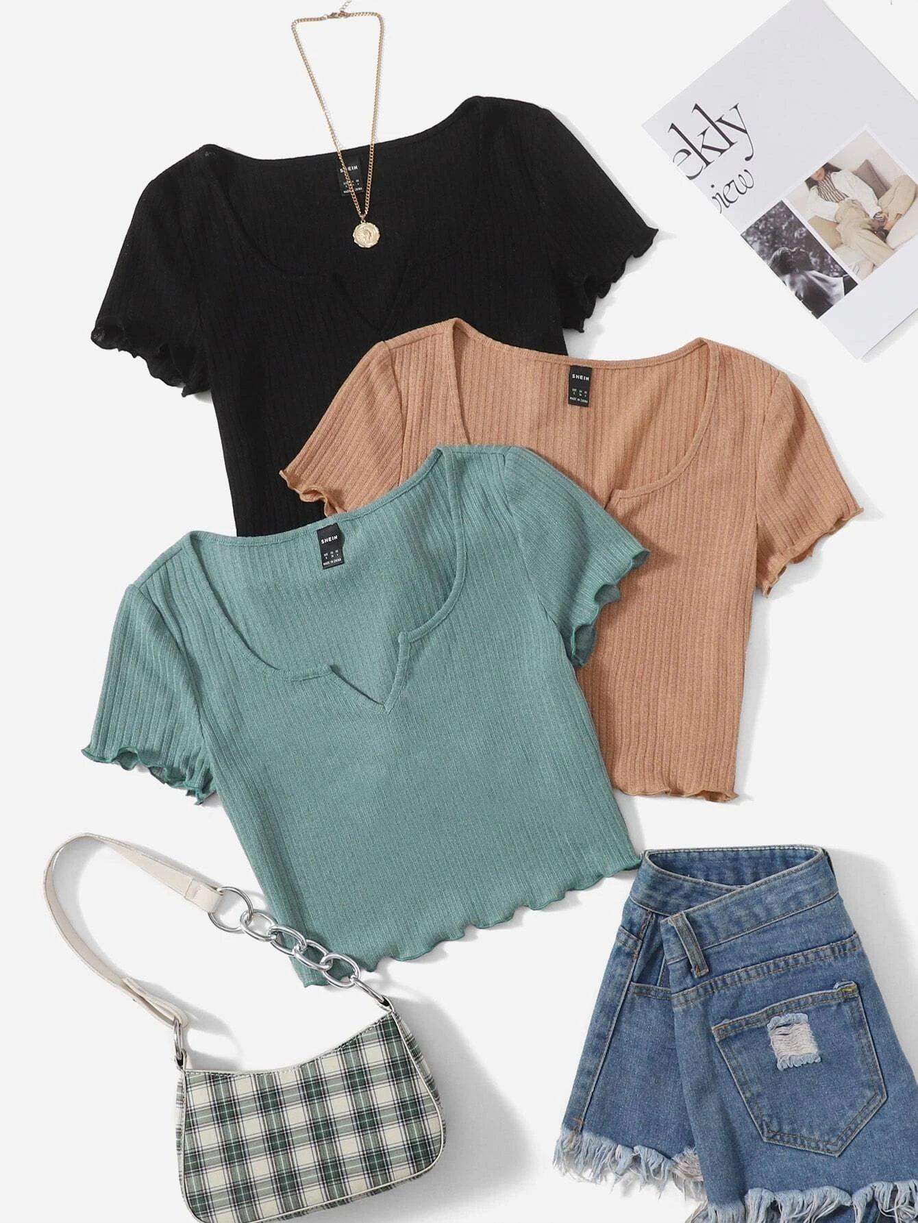 SHEIN EZwear 3pcs Lettuce Trim Crop Tee
