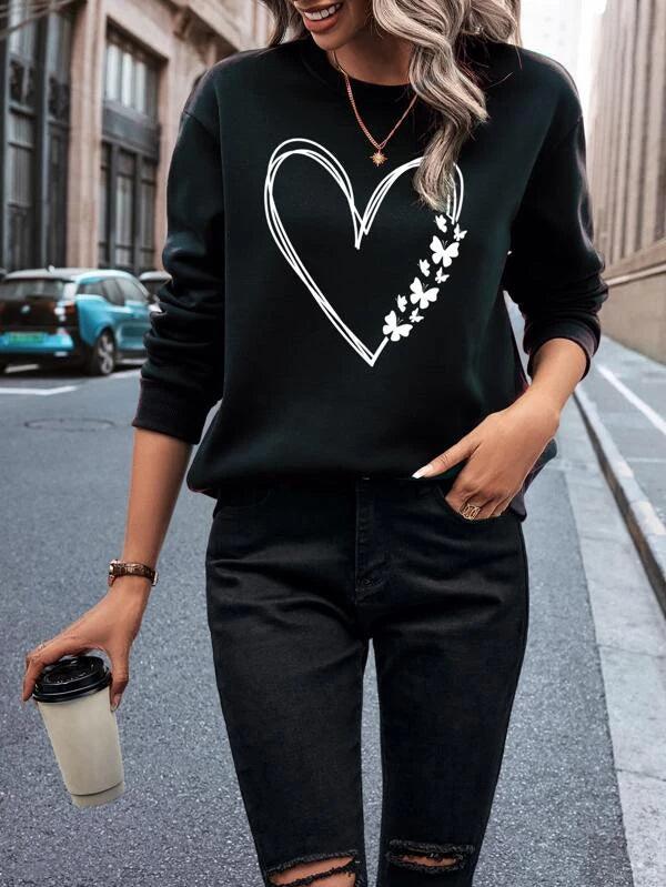 SHEIN LUNE Sweat-shirt à imprimé cœur à doublure thermique