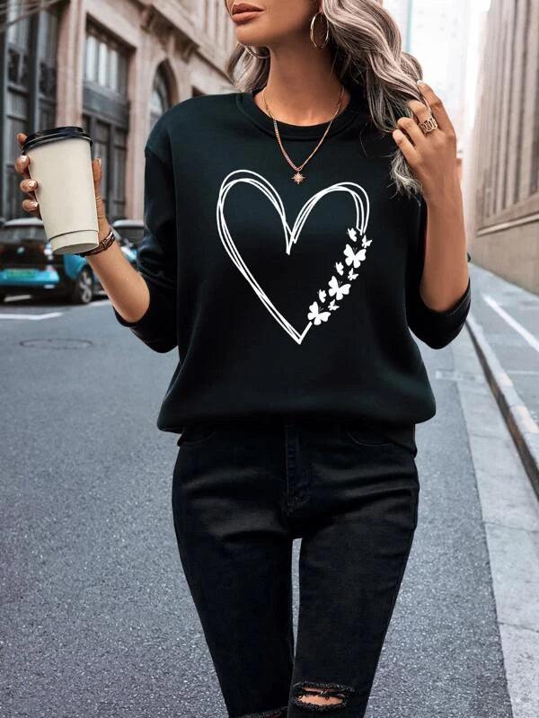 SHEIN LUNE Sweat-shirt à imprimé cœur à doublure thermique