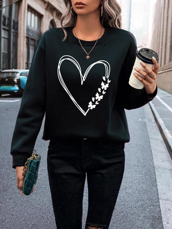 SHEIN LUNE Sweat-shirt à imprimé cœur à doublure thermique