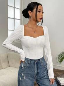 SHEIN EZwear T-shirt à encolure de cœur côtelé