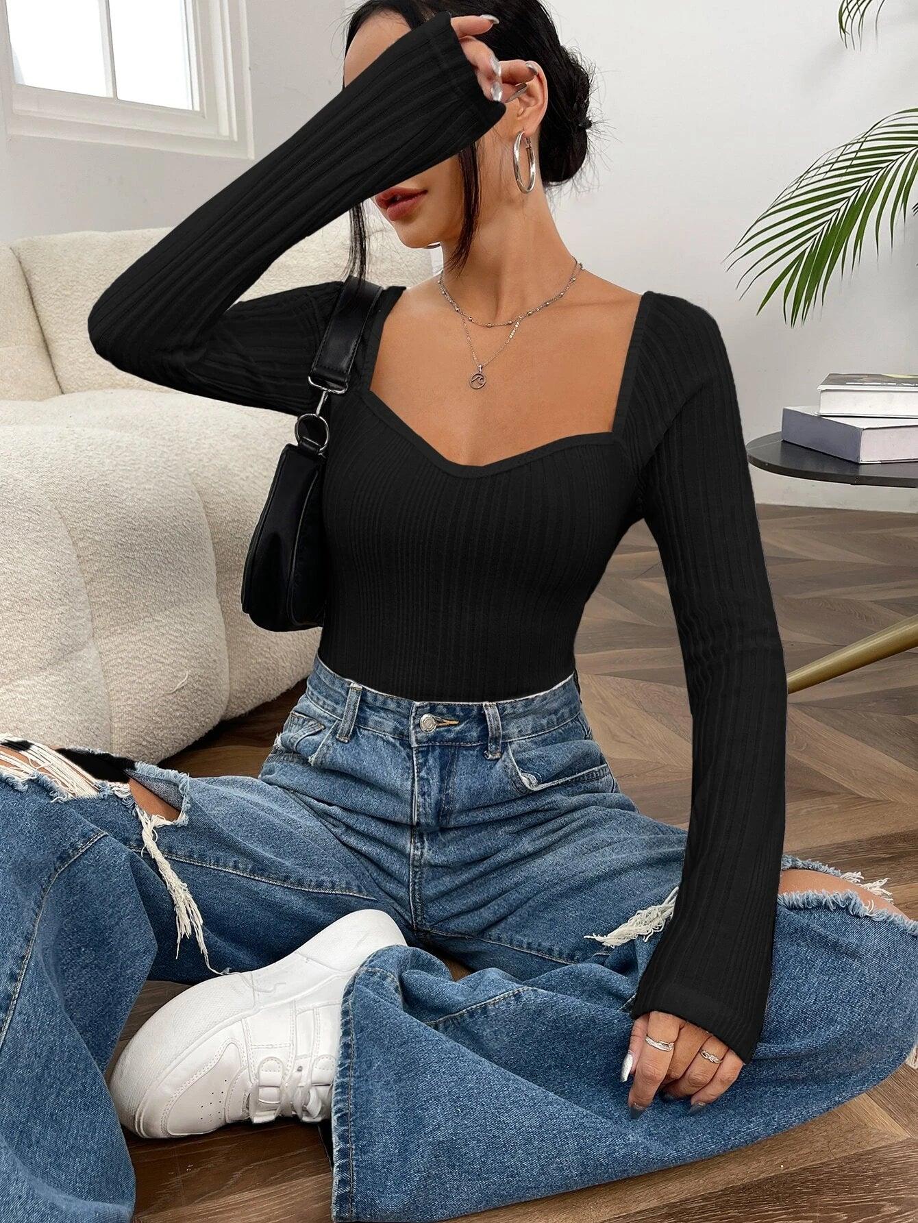 SHEIN EZwear T-shirt à encolure de cœur côtelé