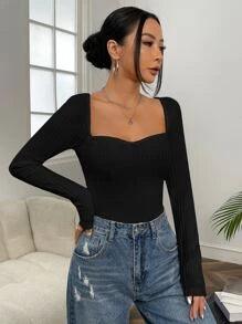 SHEIN EZwear T-shirt à encolure de cœur côtelé