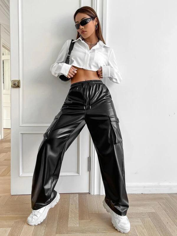 SHEIN Coolane Pantalon cargo à cordon poche à rabat en cuir PU