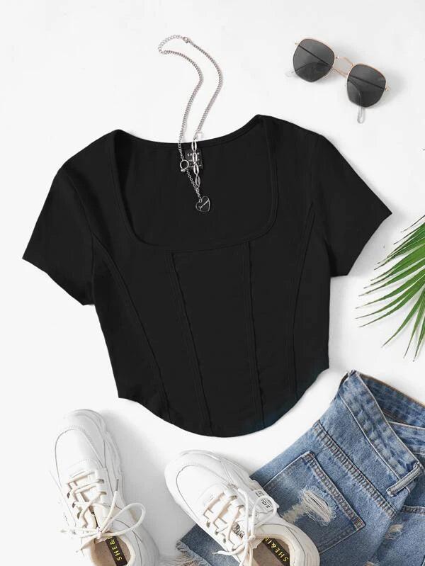 SHEIN EZwear T-Shirt Court À Col Carré Ourlet Incurvé