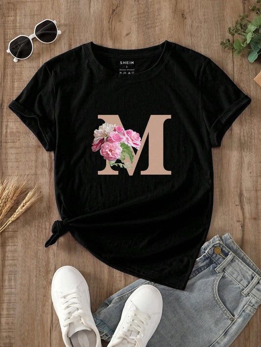 SHEIN LUNE T-shirt fleuri et lettre - GlamShopTN
