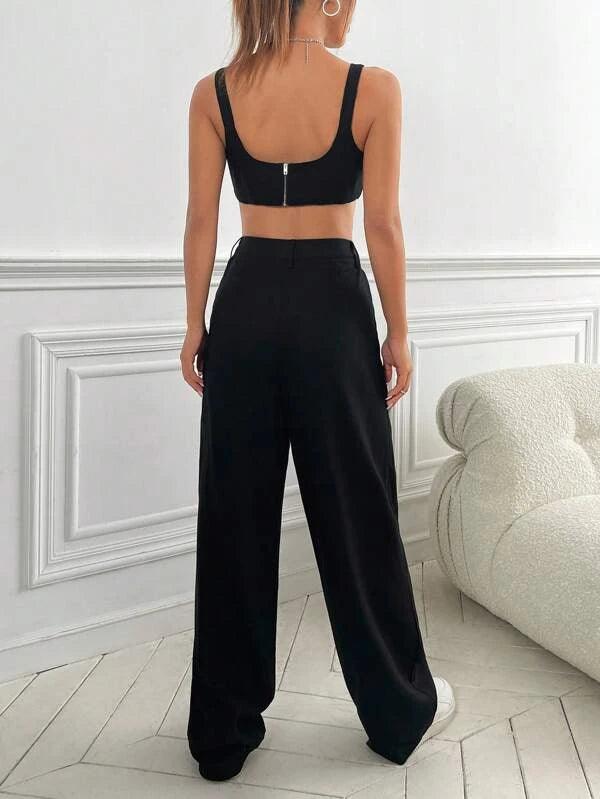 SHEIN EZwear unicolore Top à fines brides court & Pantalon ample - GlamShopTN