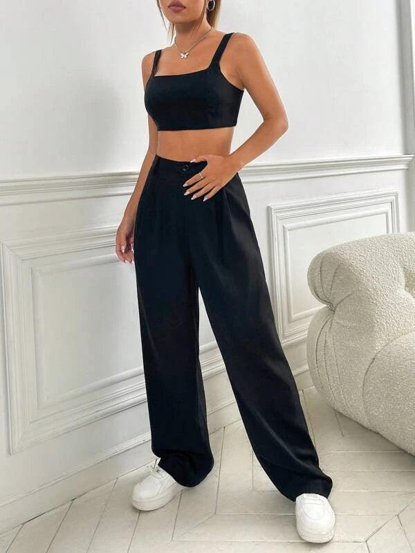 SHEIN EZwear unicolore Top à fines brides court & Pantalon ample - GlamShopTN