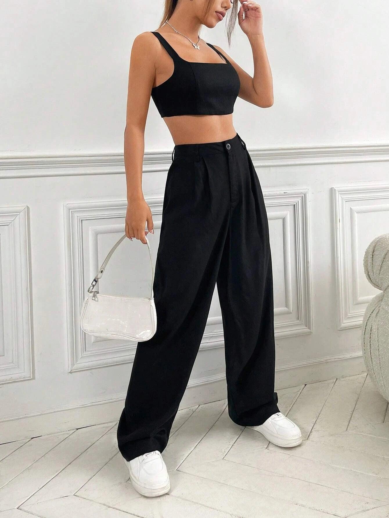 SHEIN EZwear unicolore Top à fines brides court & Pantalon ample - GlamShopTN