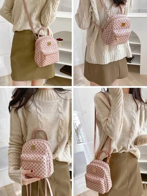 Shein Sac à dos mignon petit zippé pour femme à motif géométrique avec à bride réglable 6.3 pouce
