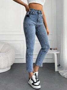 Shein Cottnline Jean Mom À Applique Lettre Tondu