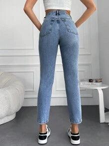 Shein Cottnline Jean Mom À Applique Lettre Tondu