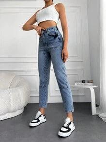 Shein Cottnline Jean Mom À Applique Lettre Tondu
