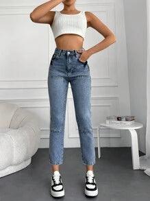 Shein Cottnline Jean Mom À Applique Lettre Tondu