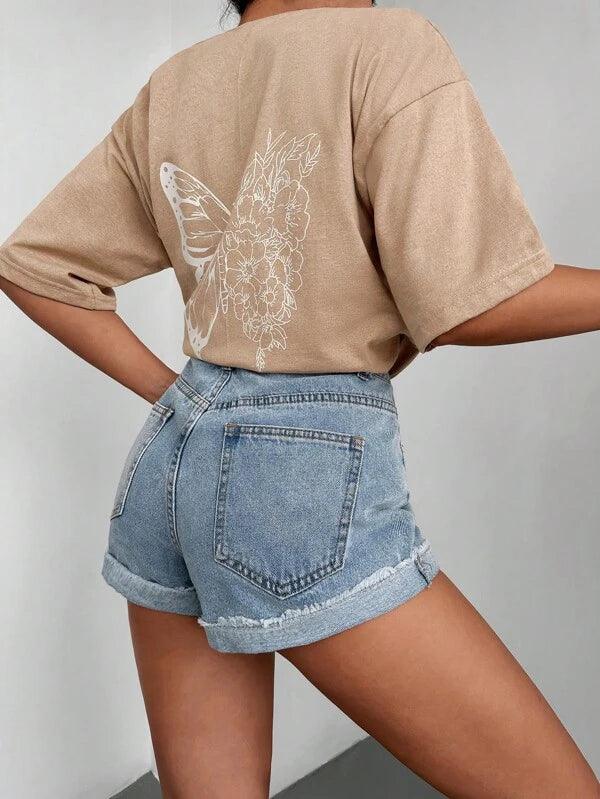 Shein T-shirts pour femmes Casual Floral Papillon