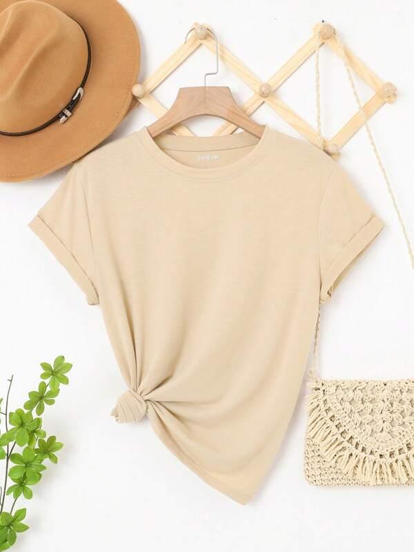 SHEIN Essnce T-shirt Unicolore Col Rond - GlamShopTN