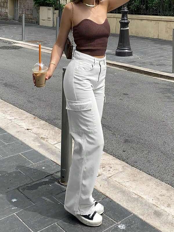 Shein Pantalon Cargo Unicolore Poche À Rabat - GlamShopTN