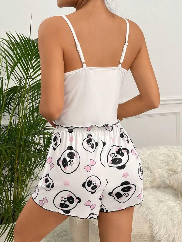 Shein Ensemble De Pyjama Short & Top À Fines Brides Panda Et Slogan